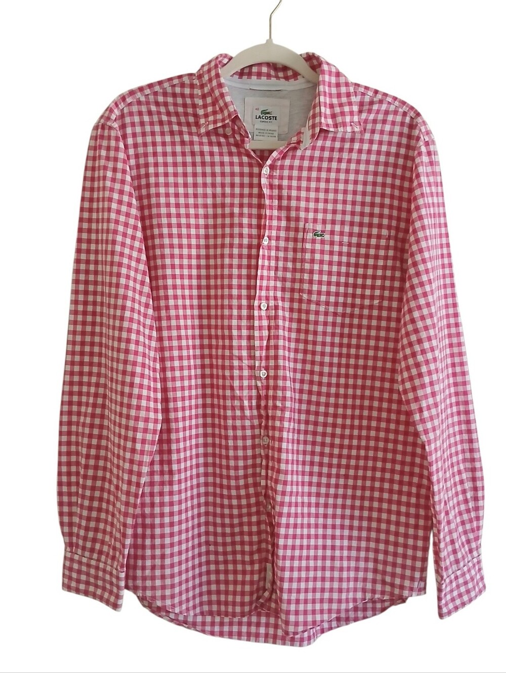 LACOSTE Classic Fit Gingham Button Down Shirt Men's 40 M Pink Logo Pocket Flaw
